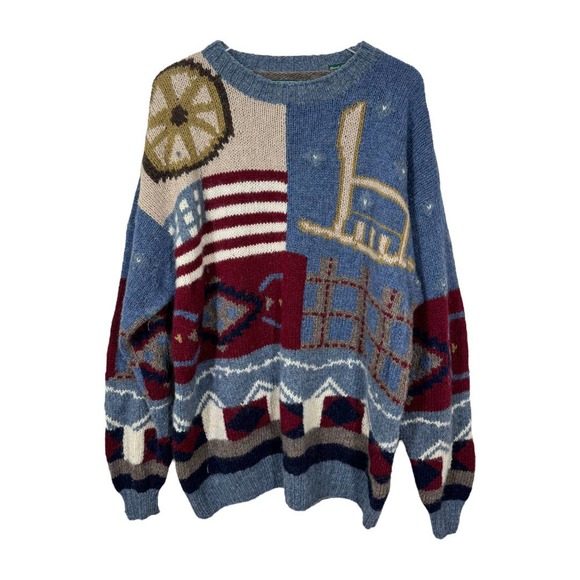 Vintage Other - Vintage Hand Knit Americana Patchwork Sweater XL Wool Flag Cottage Blue Red